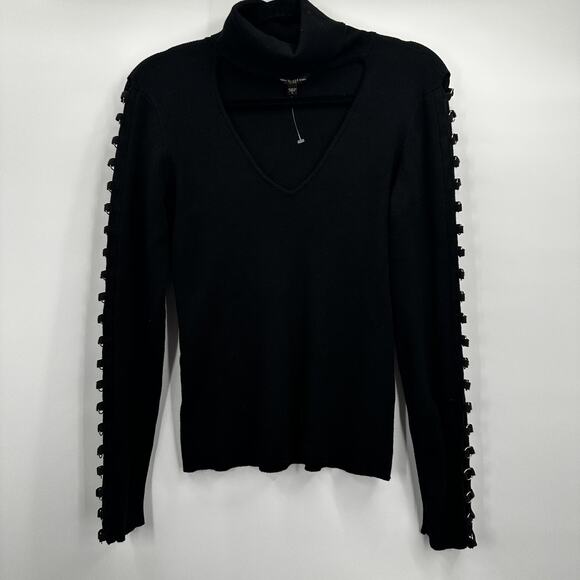 Guess Sweater Womens Large Black Cut Out Turtleneck Ring Detail Pullover Top - Picture 5 of 12